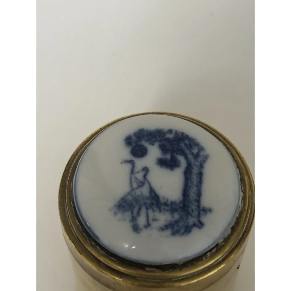 Round Brass Container with Removable Ceramic Painted Chinoiserie 2 Cranes Lid